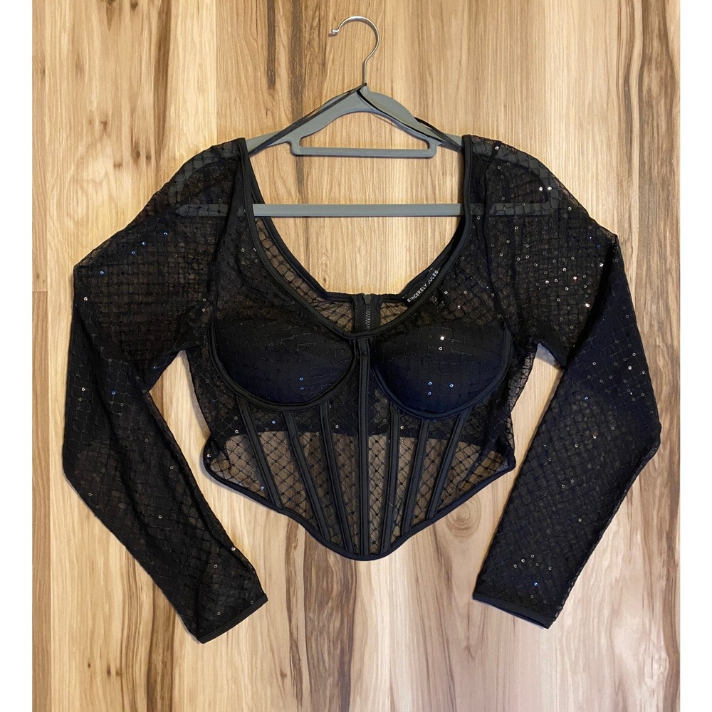 Sincerely Jules Black Mesh Sequin Corset Top Long Sleeve Underwire Cropped Large